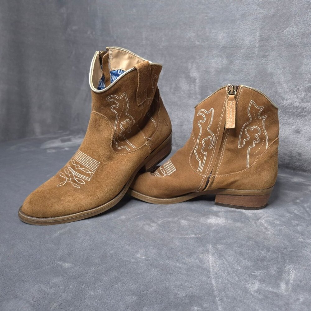 Dingo Brown Suede Ankle Cowboy Boots 11M Embroidered Zipper Closure Imperfect